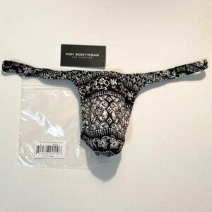 N2N Bodywear Size “M” Provence T-Back Thong- Black/White Batik Design